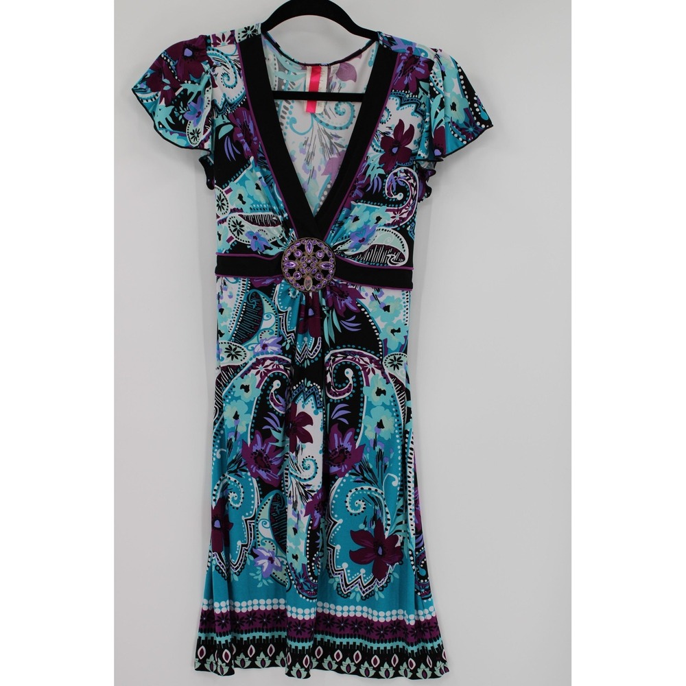 Boho Floral Dress Womens Medium‎ Short Sleeve Belted Jeweled Buckle Retro